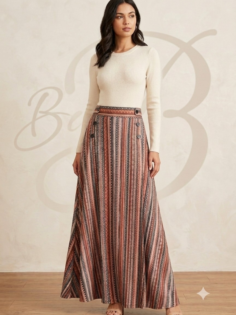 😍Robert Louis Striped Maxi Skirt in Rust, Black and Cream Size XL